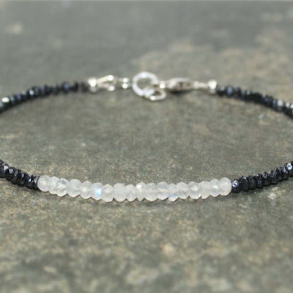 Mystic Black Spinel & Rainbow Moonstone Bracelet, Layering, Minimalist, Mystic Black Spinel Jewelry, Gemstone Bracelet