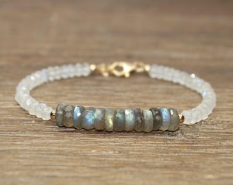 Labradorite & Moonstone Bracelet, Beaded, Stacking, Gemstone Jewelry, Blue Flash, Labradorite Moonstone Jewelry