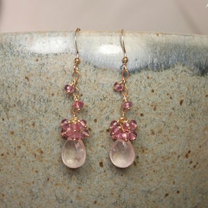 Rose Quartz and Pink Topaz Earrings, Rose Quartz Jewelry, Gold Filled, Cluster Dangle Gemstone Earrings