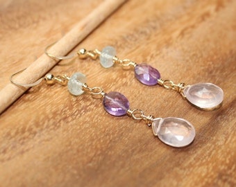 Rose Quartz, Amethyst and Aquamarine Earrings, Wire Wrap, Rose Quartz Jewelry, Gemstone Earrings