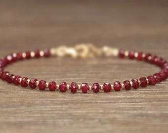 Ruby Bracelet, Gold Filled, Rose Gold or Sterling Silver Beads, Ruby Jewelry, July Birthstone, Stacking, Gemstone Jewelry, Valentine's Day