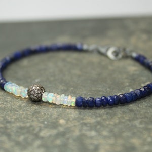 Sapphire & Opal Bracelet, Pave Diamond Ball, Genuine Diamonds, Sapphire Jewelry, October and September Birthstone, Something Blue