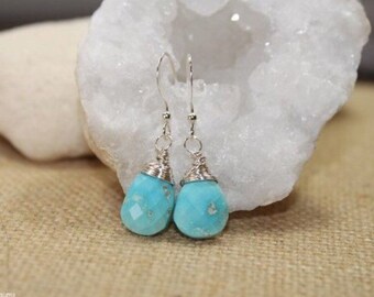 Sleeping Beauty Turquoise Earrings, Wire Wrapped, Sterling Silver or Gold Filled, December Birthstone