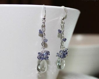 Green Amethyst Earrings, Iolite, Sterling Silver, Cluster, Green Amethyst Jewelry, Prasiolite