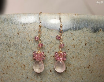 Rose Quartz and Pink Topaz Earrings, Rose Quartz Jewelry, Gold Filled, Cluster Dangle Gemstone Earrings