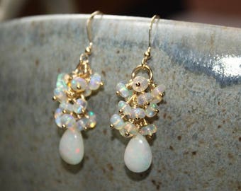 Genuine Fire Ethiopian Opal Earrings, Ethiopian Opal Jewelry, Welo Opal, Dangle Cluster Earrings, October Birthstone, Gold or Silver