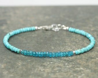 Sleeping Beauty Turquoise & Neon Apatite Bracelet, Hill Tribe Silver Beads, Sleeping Beauty Turquoise Jewelry, December Birthstone