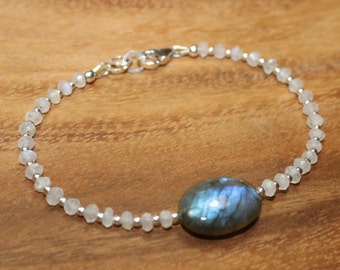 Labradorite & Rainbow Moonstone Bracelet, Blue Flash, Labradorite Jewelry, Beaded, Layering, Gemstone Bracelet