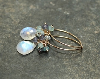 Rainbow Moonstone Earrings, Cluster Earrings, Blue Flash, Moonstone Jewelry, Gold Filled, Gemstone Earrings