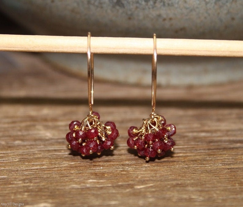 May include: A pair of gold earrings with red gemstone clusters. The earrings are dangling and have a simple design.
