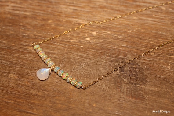Ethiopian Opal Bar Necklace, Moonstone, Vermeil or Sterling Silver Bali Beads, Beaded ,Bar Necklace, Opal Jewelry, October Birthstone