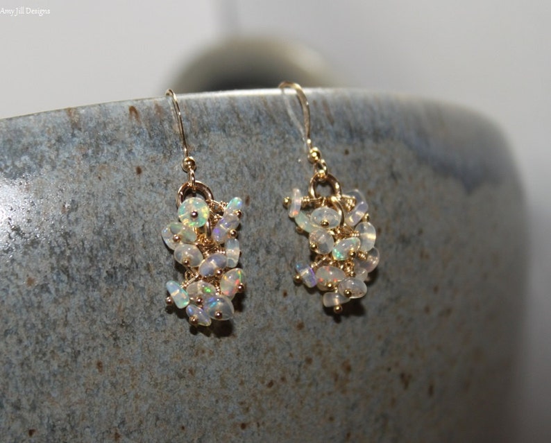 Genuine Fire Ethiopian Opal Earrings, Ethiopian Opal Jewelry, Welo Opal, Dangle Cluster Earrings, October Birthstone, Sterling Silver & Gold image 3