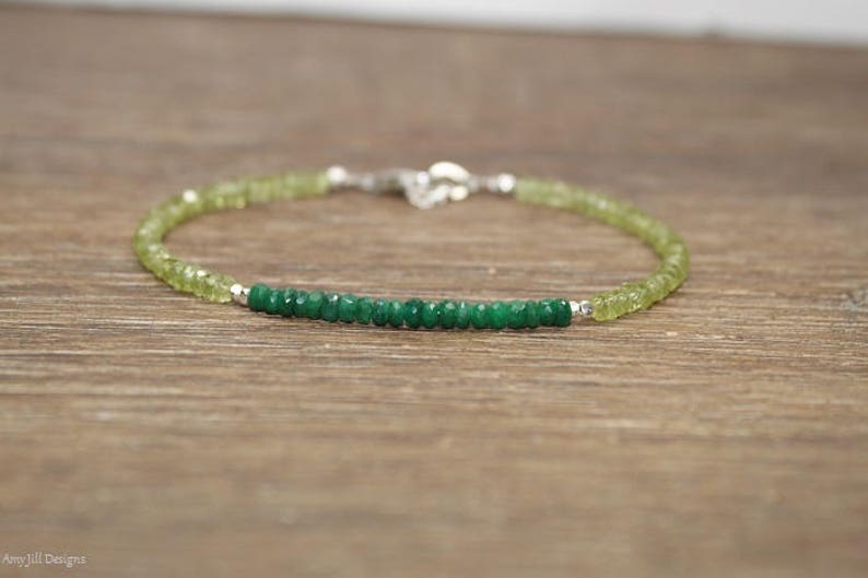 Emerald & Peridot Bracelet, Beaded, Stacking, Peridot Jewelry, Gemstone Bracelet, May Birthstone, Sterling Silver or Gold Filled image 1