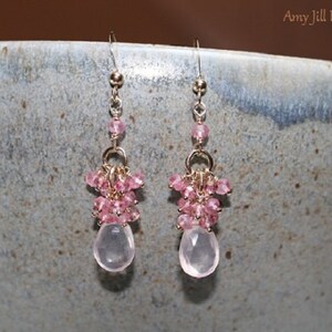 Rose Quartz Earrings, Pink Topaz and Mystic Pink Quartz Cluster, Rose Quartz Jewelry, 14k Gold Filled, Pink Gemstone Jewelry image 3