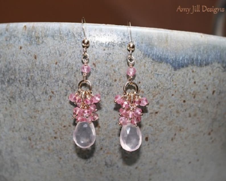 Rose Quartz Earrings, Pink Topaz and Mystic Pink Quartz Cluster, Rose Quartz Jewelry, 14k Gold Filled, Pink Gemstone Jewelry image 3