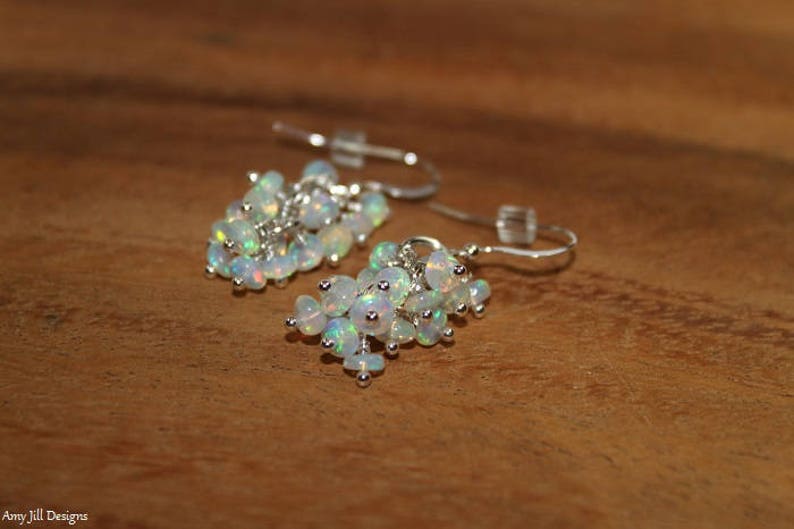 Genuine Fire Ethiopian Opal Earrings, Ethiopian Opal Jewelry, Welo Opal, Dangle Cluster Earrings, October Birthstone, Sterling Silver & Gold image 6