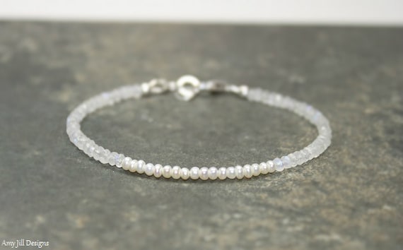 Beaded Fresh Water Pearl And Moonstone Bracelet With Silver Closure Gemstone Bracelet Minimal June Birthstone Dainty
