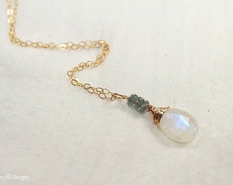 Rainbow Moonstone Necklace, Moss Aquamarine, Moonstone Jewelry, Gold Filled, Wire Wrapped Gemstone Pendant