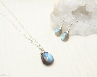 Labradorite Necklace and Earring Set, Wire Wrap, Blue Flash, Labradorite Jewelry, Gold Filled or Sterling Silver