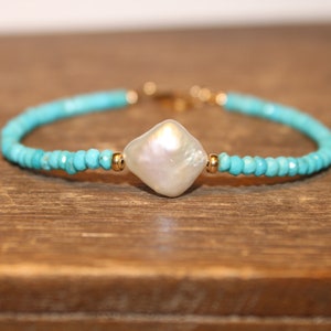 Sleeping Beauty Turquoise and Freshwater Pearl Bracelet, Silver or Gold Beads, Beaded, Sapphire Jewelry, June and December Birthstone
