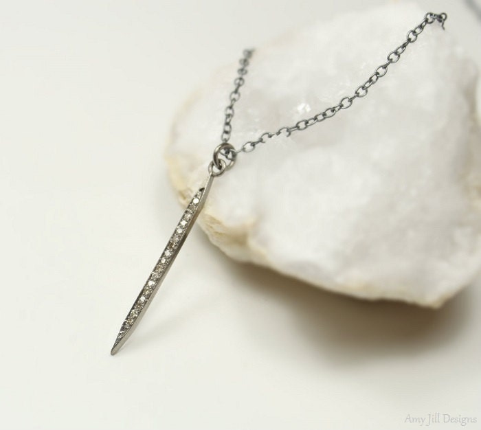 Rose Gold Filled Oxidized Sterling Silver Genuine Diamonds Pave Diamond Spike Necklace