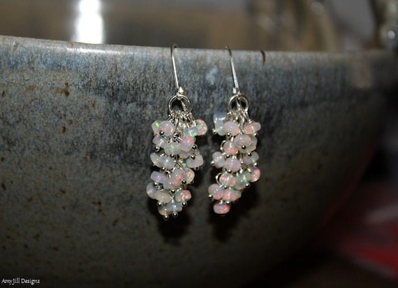 Genuine Ethiopian Opal Earrings, Ethiopian Opal Jewelry, Welo Opal, Dangle Cluster Earrings, October Birthstone, Sterling Silver & Gold
