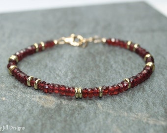 Garnet Bracelet, Garnet Jewelry, Brass, Beaded, Layering Bracelet, Gemstone Jewelry