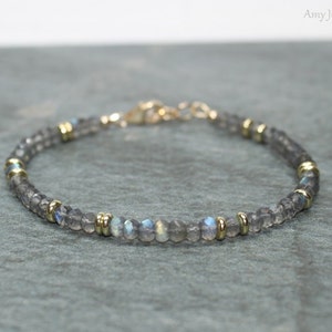 Labradorite Bracelet, Labradorite Jewelry, Brass, Blue Flash, Beaded, Layering Bracelet, Gemstone Jewelry