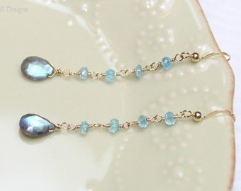 Boucles d'oreilles en labradorite, Pierres d'apatite, Boucles d'oreilles en fil métallique, Fil d'or, Bijoux en labradorite, Bijoux en pierres précieuses bleu gris