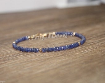 Pulseira de Safira Azul, Joias de Safira, Pedra de Nascimento de Setembro, Algo Azul, Pulseira de Pedras Preciosas, Contas em Ouro Laminado ou Prata de Lei