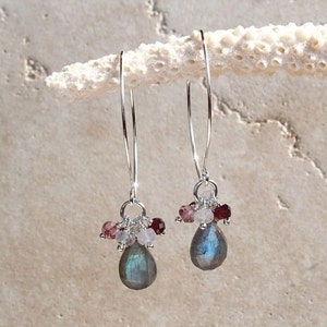 Labradorite Earrings, Garnet Moonstone Mystic Pink Cluster Earrings, Sterling Silver, Gemstone Jewelry, Blue Flash Labradorite Jewelry