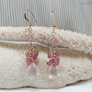 Rose Quartz Earrings, Pink Topaz and Mystic Pink Quartz Cluster, Rose Quartz Jewelry, 14k Gold Filled, Pink Gemstone Jewelry image 1