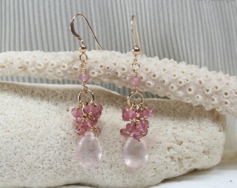 Rose Quartz Earrings, Pink Topaz and Mystic Pink Quartz Cluster, Rose Quartz Jewelry, 14k Gold Filled, Pink Gemstone Jewelry