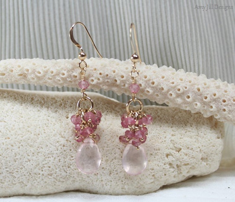 Rose Quartz Earrings, Pink Topaz and Mystic Pink Quartz Cluster, Rose Quartz Jewelry, 14k Gold Filled, Pink Gemstone Jewelry image 1