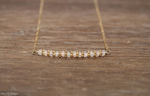 Ethiopian Opal Necklace, Vermeil or Sterling Silver Bali Beads, Beaded ,Bar Necklace, Opal Jewelry, October Birthstone