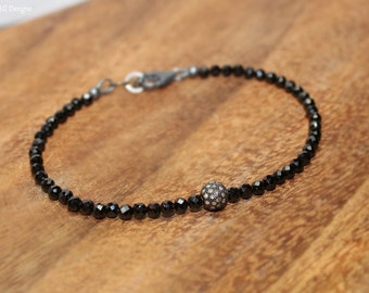 Black Spinel Pave Diamond Ball Bracelet, Genuine Diamonds, Oxidized Sterling Silver, Black Spinel Jewelry