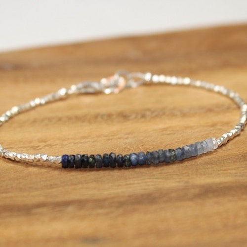 Store Blue Sapphire Ombre Bracelet, Hill Tribe Beads, Fine Silver, Blue Sapphire Jewelry, September Birthstone. Gemstone Bracelet