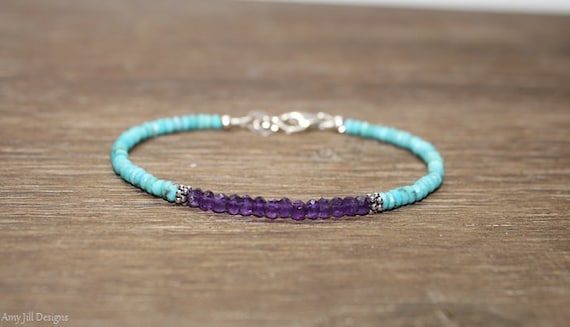 Amethyst & Sleeping Beauty Turquoise Bracelet, Bali Silver Beads, Sleeping Beauty Turquoise Jewelry, December Birthstone, Gemstone Bracelet