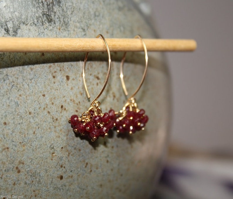 May include: Gold hoop earrings with a cluster of small, dark red gemstones dangling from each hoop.