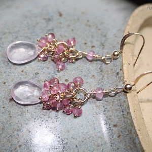 Rose Quartz Earrings, Pink Topaz and Mystic Pink Quartz Cluster, Rose Quartz Jewelry, 14k Gold Filled, Pink Gemstone Jewelry image 4