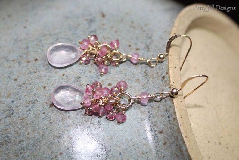 Rose Quartz Earrings, Pink Topaz and Mystic Pink Quartz Cluster, Rose Quartz Jewelry, 14k Gold Filled, Pink Gemstone Jewelry image 4