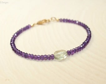 Amethyst and Green Amethyst Bracelet, Amethyst Jewelry, Gemstone Bracelet, Gold Filled, February Birthstone