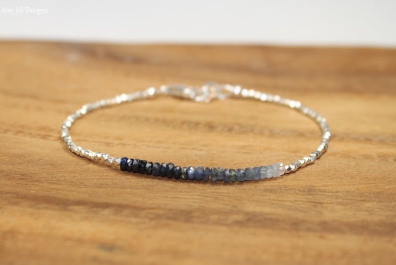 Store Blue Sapphire Ombre Bracelet, Hill Tribe Beads, Fine Silver, Blue Sapphire Jewelry, September Birthstone. Gemstone Bracelet