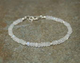 Rainbow Moonstone Bracelet, Moonstone Jewelry, Sterling Silver Beads, Blue Flash, Gemstone Jewelry