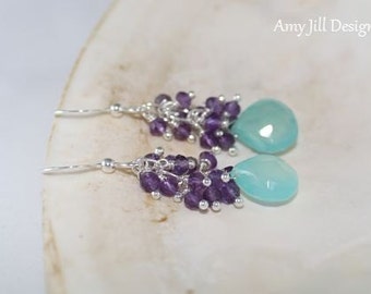 Aqua Chalcedony Earrings, Amethyst Cluster, Sterling Silver, February Birthstone, Dangle Earrings Aqua Chalcedony Jewelry Gemstone Jewelry