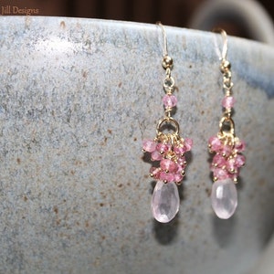 Rose Quartz Earrings, Pink Topaz and Mystic Pink Quartz Cluster, Rose Quartz Jewelry, 14k Gold Filled, Pink Gemstone Jewelry image 5