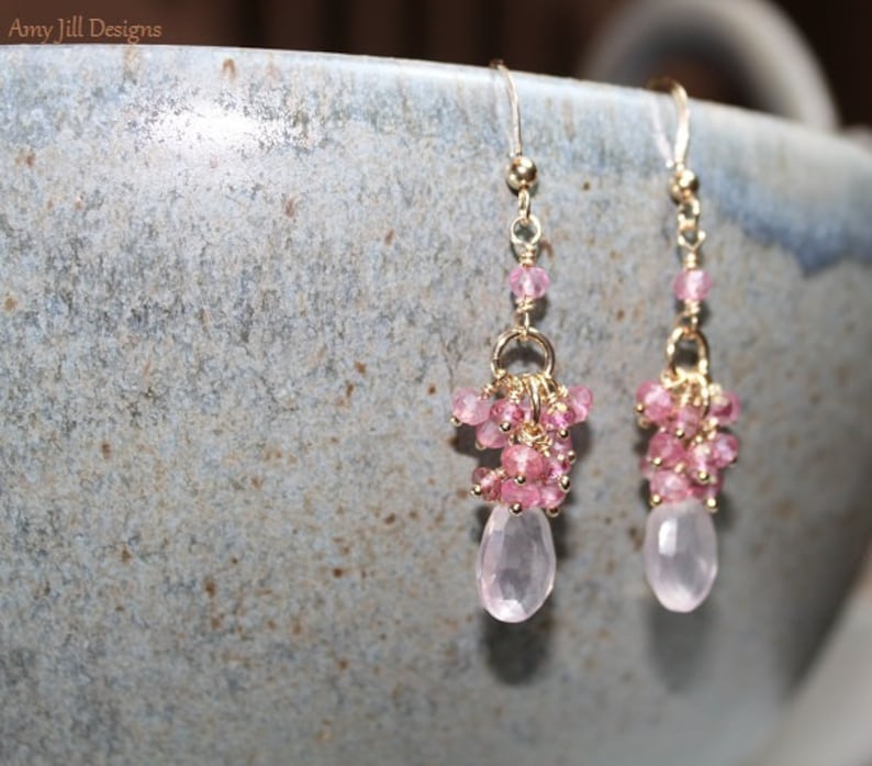 Rose Quartz Earrings, Pink Topaz and Mystic Pink Quartz Cluster, Rose Quartz Jewelry, 14k Gold Filled, Pink Gemstone Jewelry image 5