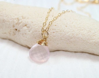 Rose Quartz Necklace, Wire Wrap Pendant, Rose Quartz Jewelry, Pink Bridesmaid Wedding Gemstone Jewelry, Gold Filled or Sterling Silver