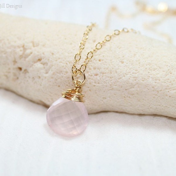 Rose Quartz Necklace, Wire Wrap Pendant, Rose Quartz Jewelry, Pink Bridesmaid Wedding Gemstone Jewelry, Gold Filled or Sterling Silver