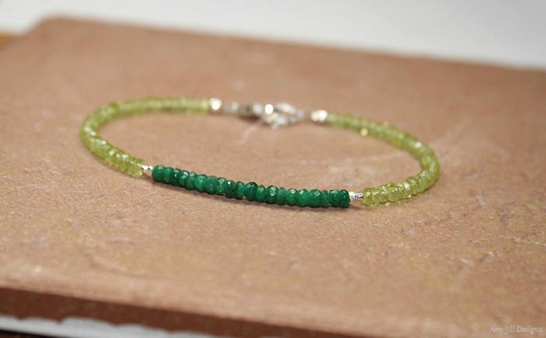 Emerald & Peridot Bracelet, Beaded, Stacking, Peridot Jewelry, Gemstone Bracelet, May Birthstone, Sterling Silver or Gold Filled image 2